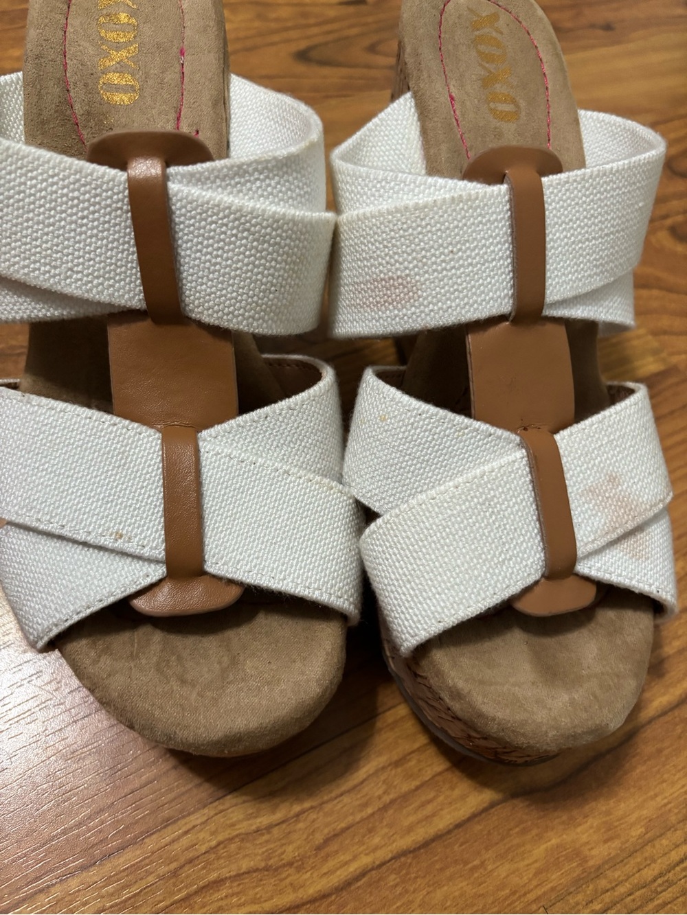 XOXO White Canvas Crisscross Cork Platform Wedge Sandals with Tan Accents - Picture 2 of 6